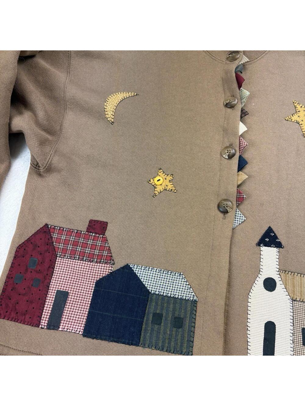 Vintage 90s Patchwork Town Sweatshirt Cardigan Womens Size XL Brown - Picture 4 of 9